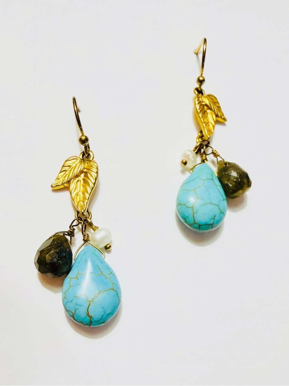 Turquoise Labradorite Freshwater Pearl Gold Tone Leaf Earrings